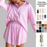 ODM OEM Personnalisé 100% Coton Rayures Verticales Chemises Polo pour Femmes Blouse Oversize et Ensemble de Shorts Décontractés