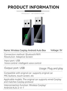 Adaptateur de voiture 2 en 1 sans fil CarPlay Android universel pour IOS Android, port USB, design compact et mini - Product Image 5