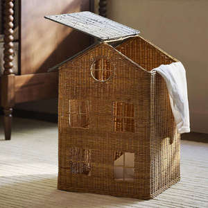 Coffre à jouets en osier écologique – Bac de rangement en forme de maison avec toit gris – Panier de jeu portable pour enfants - Product Image 1