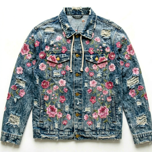 เสื้อแจ็คเก็ตยีนส์ปักลายดอกไม้สีน้ำเงิน แต่งขอบขาดๆ ซักฟอกสไตล์วินเทจ ปกคอพับ ติดกระดุมด้านหน้า เสื้อคลุมลำลองสำหรับฤดูร้อน - Product Image 1