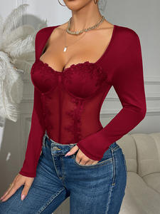 بذلة نسائية شفافة من الدانتيل الزهري بأكمام طويلة مع علوي خصر من عظم السمكة ملابس داخلية سوداء مثيرة جديدة - Product Image 4