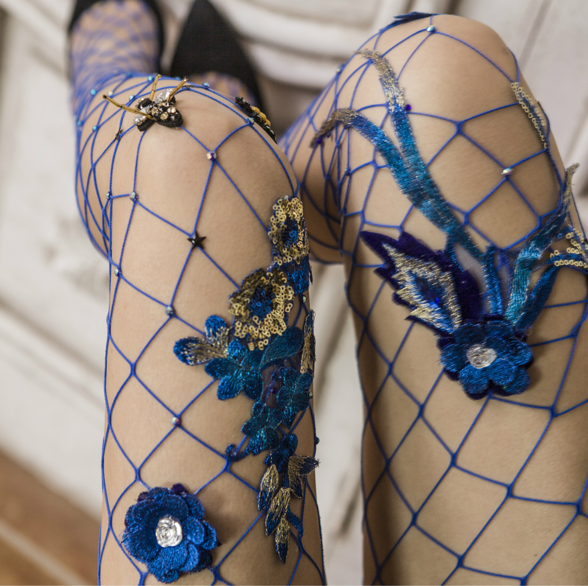 Blue flower fishnet stocking