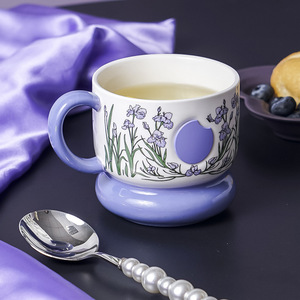 Taza de Cerámica con Diseño Floral de Iris Morado, con Asa, para Té, Café, Hogar, Oficina, Regalo - Product Image 1
