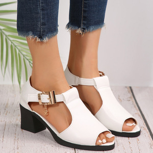 Women's Open Toe Fish Mouth Roman Sandals Mid Thick <b>Heel</b> Breathable Hollow Summer Casual Fashion <b>Heels</b> - Product Image 1