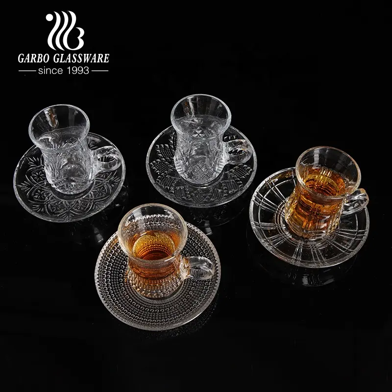 best Arabic cup 3oz 115ml Glass tea cups engraved new designs Glass Mug with saucers mini plate coffee mug&handle cup tea mugs