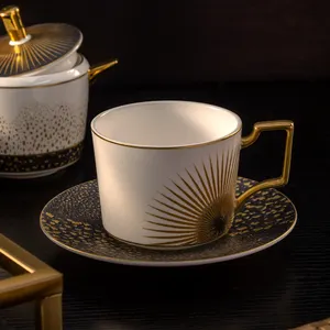 Luxury High End Star Hotel Black Gold Rim Bone China Phnom Penh Coffee Tea Cup And Saucer Set Di Tazze Da Bone China