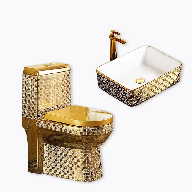 Lavabo et toilette en mosaïque dorée de Style européen, implantés et assortis, lavabo, toilette