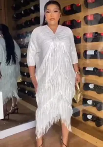 Vestido de Fiesta Casual para Mujer, Estilo Occidental, Holgado, con Cuello en V, Mangas de Murciélago y Flecos Plisados, Talla Grande, Venta al por Mayor de Fábrica - Product Image 2