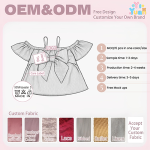 Encantadora Blusa para Niñas Pequeñas con Rayas Azules y Blancas, Hombros Descubiertos, Tirantes Finos, Manga con Volantes, Lazo Frontal y Dobladillo con Vuelo, Servicio Personalizado - Product Image 2