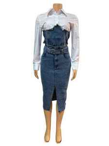 Conjunto de 2 Piezas para Mujer: Camisa Blanca y Falda Vaquera, Top con Botones y Parches, Falda Midi de Cintura Alta con Abertura Lateral, Atuendo Casual a la Moda - Product Image 5