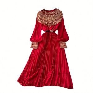Robe midi plissée Empire patchwork pour femme, tunique romaine à manches longues, tissée, respirante, lavable, durable, été 2025 - Product Image 5