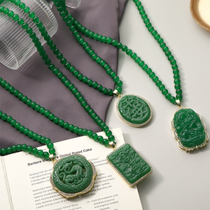 Chinese Style Green Jade Pendant Necklace With Animal Pattern Bezel Setting Fashion Jewelry For Women - Product Image 1