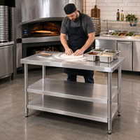 Table de travail en acier inoxydable de qualité alimentaire 304 à trois étagères fixées et pieds ronds pour cuisine d'hôtel - Vente en gros