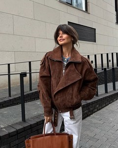 Blouson Bomber <span class=keywords><strong>Vintage</strong></span> <span class=keywords><strong>Femme</strong></span> à Manches Longues avec Fermeture Éclair, Veste Décontractée à Revers pour l'Automne et l'Hiver, Style <span class=keywords><strong>Moto</strong></span> - Product Image 1