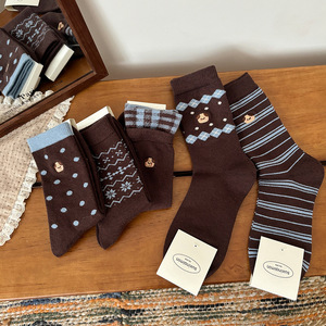 <span class=keywords><strong>Calcetines</strong></span> de mujer para otoño e invierno, azules y beige, a media pantorrilla, con diseño de perro bordado, cálidos, de forro polar, apilables - Product Image 3
