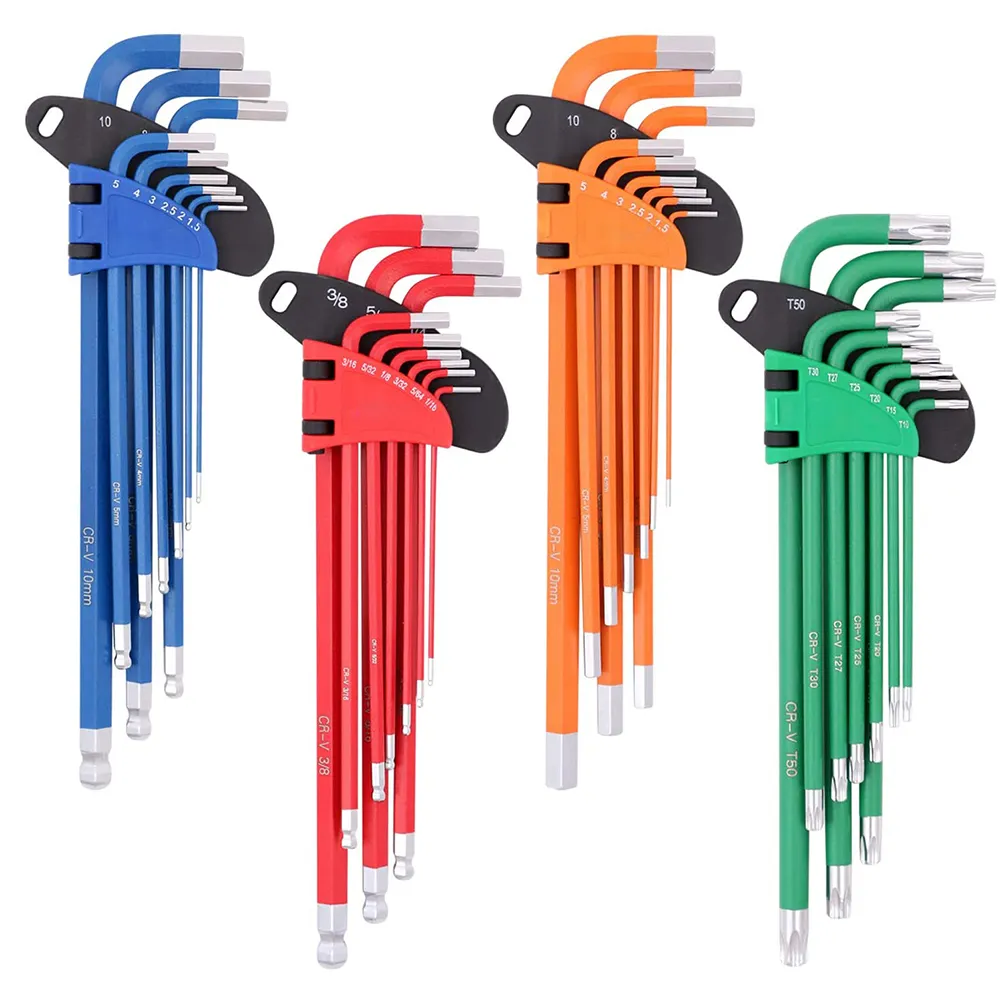 9 PCS Piece Colour Colored Colourful Multicolor Metric SAE Extra Long Short Arm Ball Point Torx Star Allen Hex Key Wrench Set
