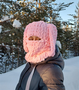 Masque de neige intégral S9485 rose, bonnet balaclava avec oreilles de lapin, bonnet en tricot épais en chenille pour femmes - Product Image 3