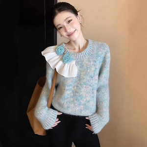 Suéter de punto de poliéster de estilo chino floral verde, grueso, de invierno, de lujo, de alta gama, con cintura pequeña francesa, para mujer - Product Image 2