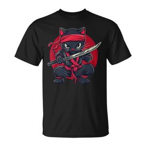 T-shirt graphique Cat Ninja Samurai Kawaii, thème japonais, couleur noire - Product Image 1