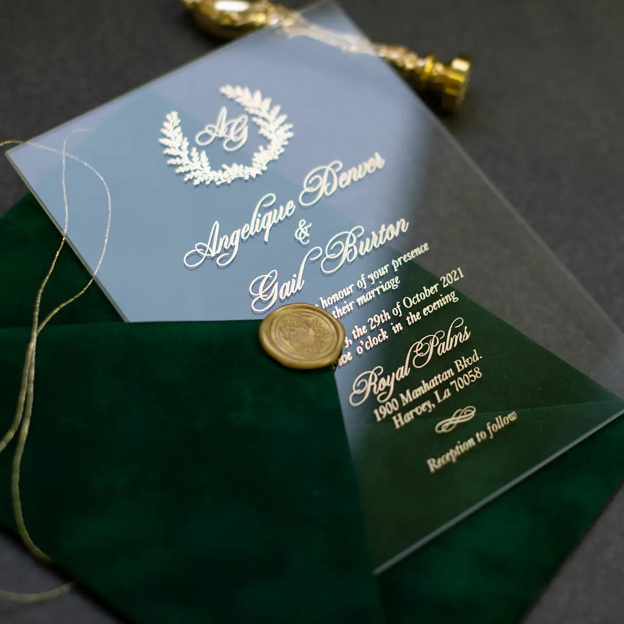 Convite de envelope de veludo verde luxuoso, cartões de convite de casamento, acrílico transparente