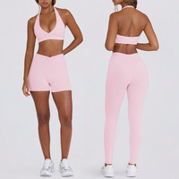 Ensemble 2 pièces de yoga et fitness personnalisé avec LOGO – Soutien-gorge rembourré en V et leggings push-up pour femme, style licou, idéal pour la course à pied