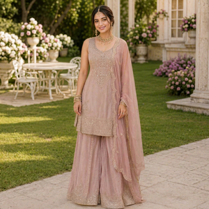 Ensemble de costume palazzo 3 pièces en soie Simar de qualité supérieure Rudangi Veronica |   Haut brodé de sequins, de diamants et de perles avec pantalon palazzo et châle - Product Image 1