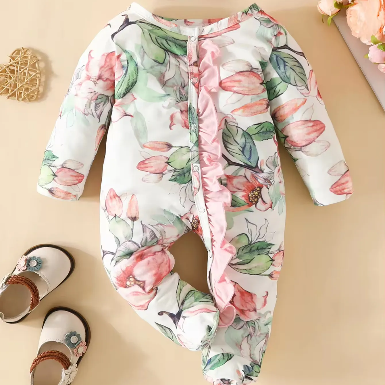 Pasgeboren Baby Lange Mouw Katoenen Jumpsuit Superzachte Gekreukte Effen Romper Met Strik Hoofdband