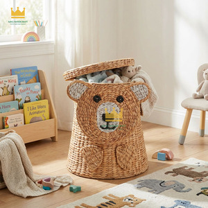 <b>Cute</b> <b>Bear</b> Shaped Water Hyacinth Storage Basket For Kids Room Cartoon Design Natural Fiber Toy Organizer Round Shape Stand Type - Product Image 5