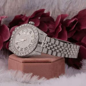Montre en moissanite entièrement sertie de diamants, chiffres arabes, fonctionnelle, pour homme, en acier inoxydable, pour homme et femme - Product Image 1