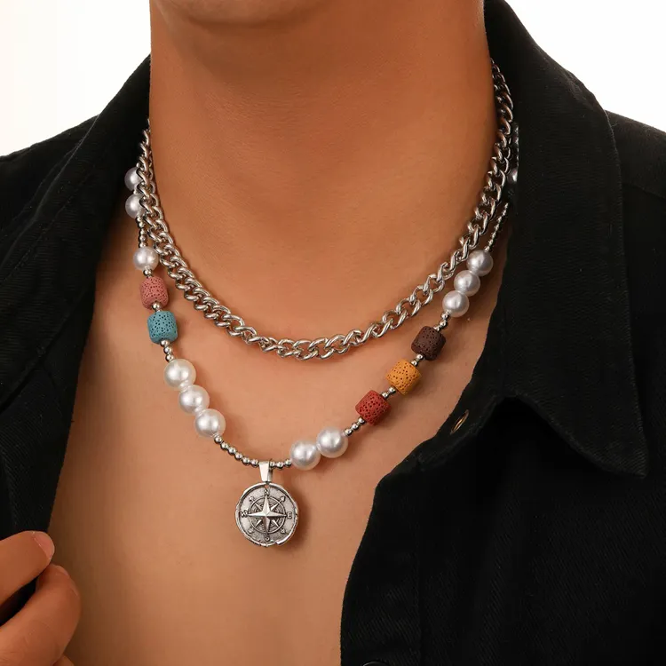 Collana con ciondolo a croce di ancoraggio esagerata all'ingrosso con catena di perline da uomo alla moda