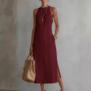 Vestido midi sin mangas para mujer, estilo halter, con encaje y patchwork, línea A, para vacaciones, Dropshipping Shopify, primavera. - Product Image 2