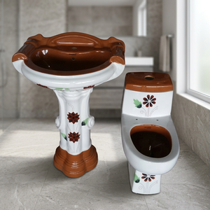 Ensemble complet de sanitaires en céramique Vitrossa de couleur verte chinoise, comprenant un WC et un lavabo sur piédestal - Product Image 3