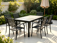 Ensemble de table à manger d'extérieur moderne avec structure en métal et plateau en bois plastique, 4 chaises, 120 cm de long, pour patio, jardin et hôtel