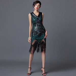 Gatsby Evening Gown Midi <b>Skirt</b> Strapless Sequined Tassel Vintage Dress Women's Clothing - Product Image 3