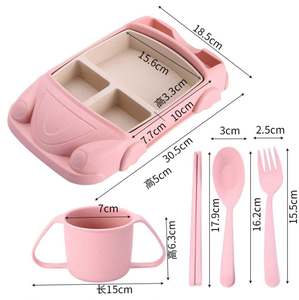 Set de Lonchera Infantil de Paja de Trigo con Diseño de Coche de Dibujos Animados, Compartimento para Alimentos, Tazón, Taza, Plato, Vajilla para Estudiantes de Jardín de Niños - Product Image 6