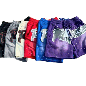 Men's Distressed Streetwear Acid Washed Cotton Sweat Shorts With Rhinestone Screen Puff Print Design And Sun Faded French Terry