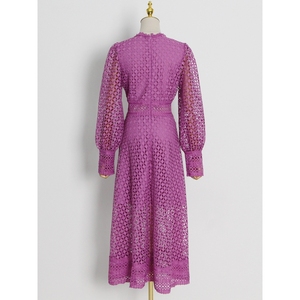 Vestidos de mujer de moda con bordado elaborado, cuello redondo calado, manga farol y cintura entallada - Product Image 5