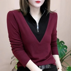 Women's <b>Long</b> <b>Sleeve</b> Zipper Stand Collar Splicing Warm <b>Base</b> <b>Layer</b> Top Coffee Color Slim Fit Autumn Winter Wear - Product Image 3