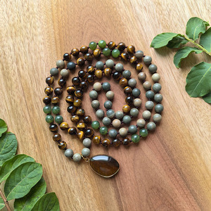 Collar de Meditación con 108 Cuentas Anudadas a Mano, Jaspe Hoja de Plata, Jade Verde Canadiense, Colgante de Ojo de Tigre, Joyería de Yoga Curativa - Product Image 4