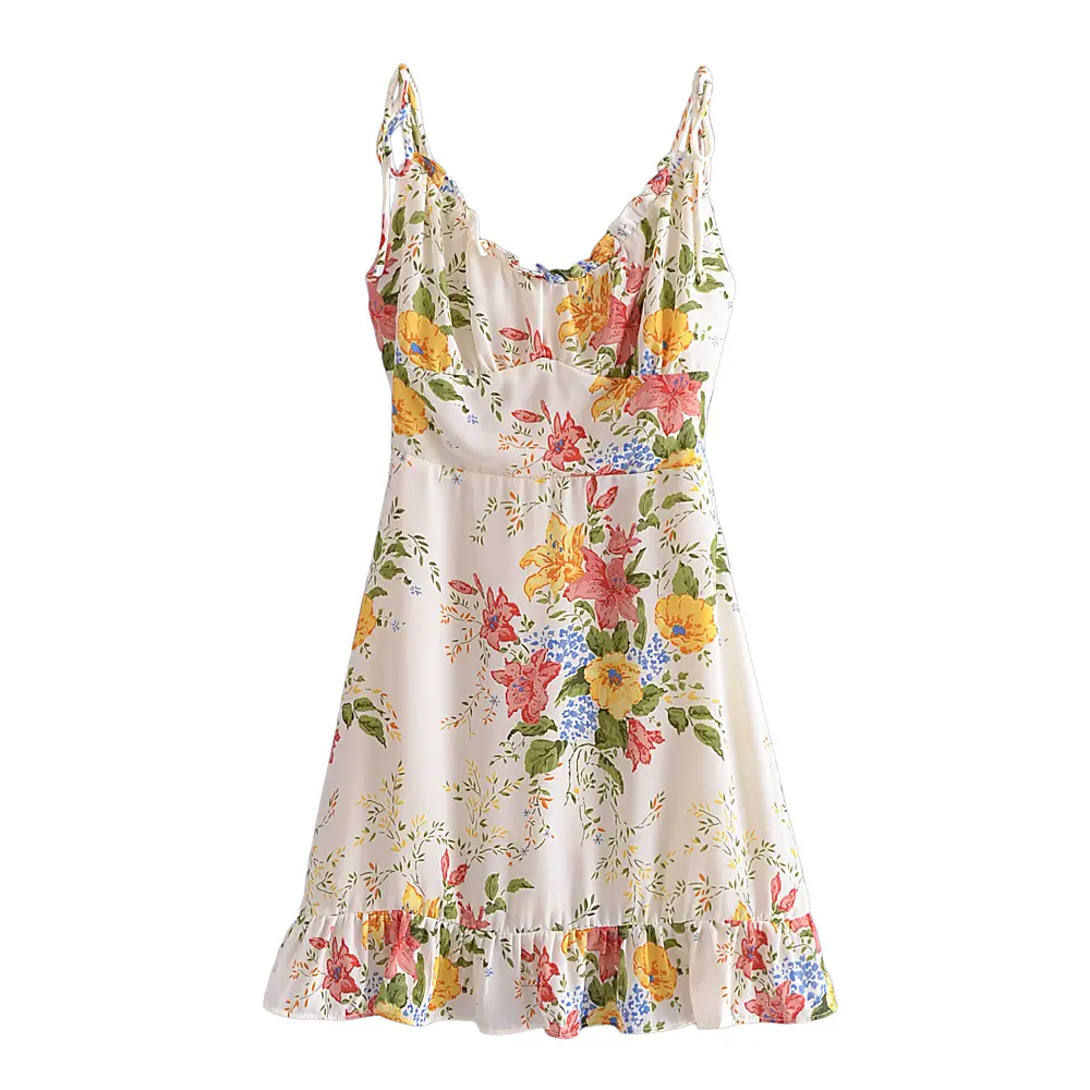 Beige color beautiful floral printed slim fit lace up shoulder strap women summer casual mini chiffon dress