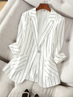 Blazer pour femme à rayures verticales blanches et noires, veste de costume à bouton unique, revers cranté, manches longues, coupe ajustée, manteau de bureau