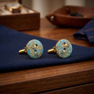 Boutons de manchette en laiton à motif oiseaux jumeaux, émail peint à la main avec turquoise et or, pour cadeau d'anniversaire de mariage, fêtes formelles - Unisexe - Product Image 4