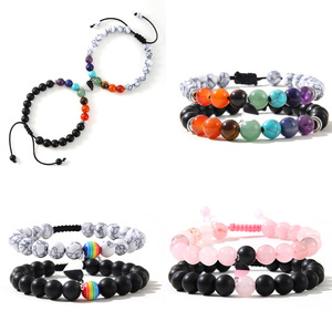 Heart Shaped Turquoise <b>Couple</b> <b>Bracelet</b> Set Natural Stone Beads Adjustable Braided Cord Women Fashion Jewelry Spring 2024 - Product Image 1