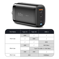 Boîte personnalisée avec logo, chargeur mural portable USB-C 65W à charge rapide PD QC3.0 Gan, 3 ports, protection OTP/OVP, adaptateur pour ordinateur portable