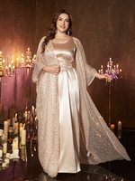 Robe Abaya turque en deux pièces pour femmes grandes tailles, col rond, manches chauve-souris, ceinture, longue, luxueuse, ornée de perles et de dentelle brodée