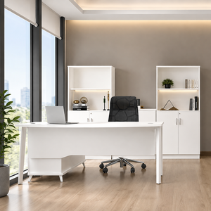 Modern White Executive Office <b>Desk</b> with Side Storage <b>Cabinet</b> for Home & Commercial Workspace Contemporary White Executive Office - Product Image 1