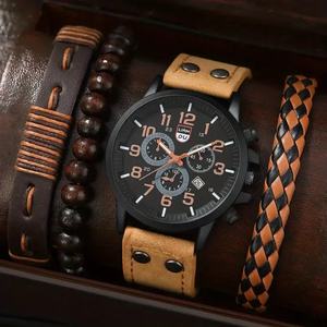 Montre-<span class=keywords><strong>bracelet</strong></span> à quartz décontractée pour homme, <span class=keywords><strong>bracelet</strong></span> en PU à double boucle, cadran en verre de 44 mm, affichage numérique, <span class=keywords><strong>faux</strong></span> trois yeux, calendrier, <span class=keywords><strong>bracelet</strong></span> en cuir - Product Image 2