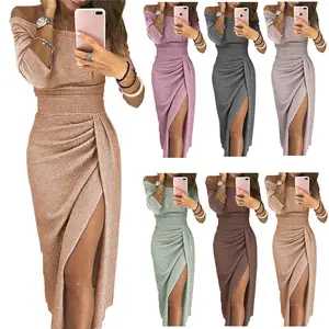 2022 נשים אלגנטיות אופנה סקסי סירת צוואר נצנצים ארוך שמלות גבירותיי המפלגה מקסי לוקסוס שמלת נצנצים פיצול שמלת ערב