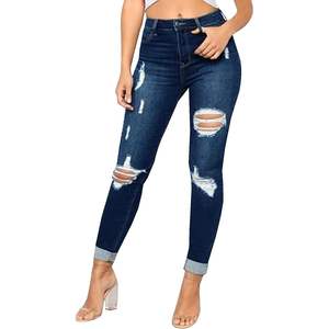 2025 femmes taille haute Stretch jean moulant respirant en détresse Denim pantalon droit crayon Style avec taille moyenne - Product Image 1