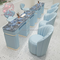 Ensemble de table de manucure double de luxe avec plateau en marbre, éclairage, collecteur de poussière et rangement pour poste de travail de salon de manucure